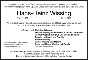 Traueranzeige von Hans-Heinz Wissing von Altmühl-Bote Lokal