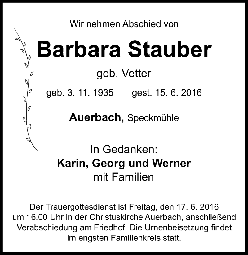  Traueranzeige für Barbara Stauber vom 17.06.2016 aus Nordbayerische Nachrichten Pegnitz Lokal
