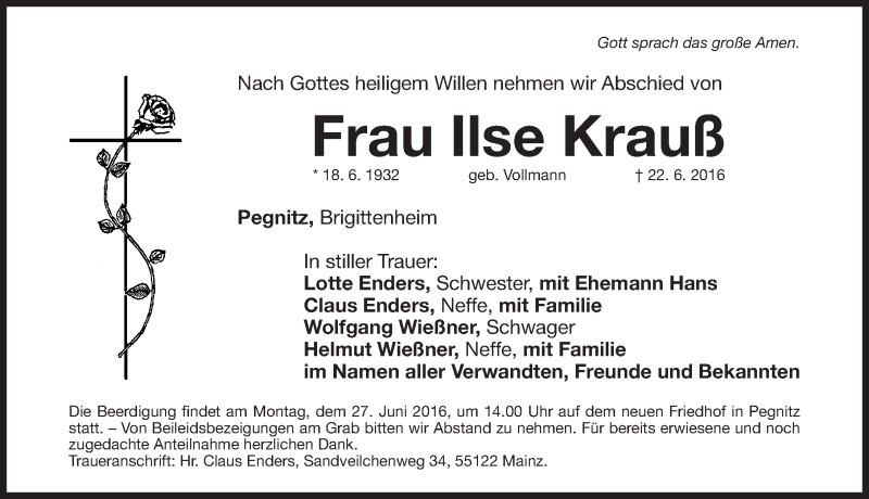  Traueranzeige für Ilse Krauß vom 24.06.2016 aus Nordbayerische Nachrichten Pegnitz Lokal