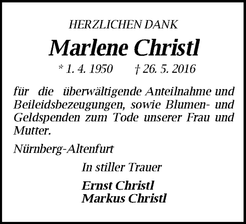  Traueranzeige für Marlene Christl vom 25.06.2016 aus Gesamtausgabe Nürnberger Nachrichten/ Nürnberger Ztg.