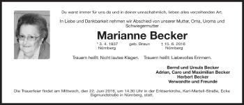 Traueranzeige von Marianne Becker von Gesamtausgabe Nürnberger Nachrichten/ Nürnberger Ztg.