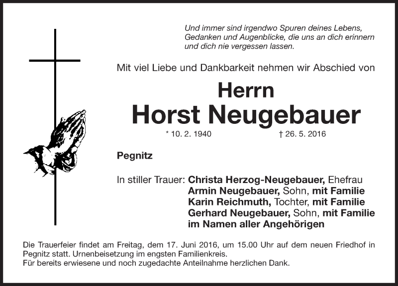  Traueranzeige für Horst Neugebauer vom 13.06.2016 aus Nordbayerische Nachrichten Pegnitz Lokal