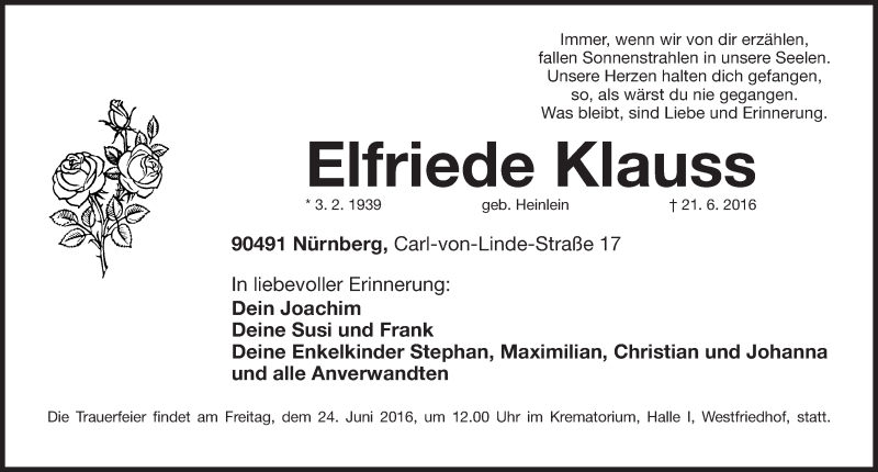  Traueranzeige für Elfriede Klauss vom 23.06.2016 aus Gesamtausgabe Nürnberger Nachrichten/ Nürnberger Ztg.