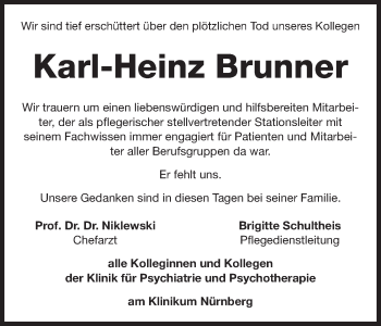 Traueranzeige von Karl-Heinz Brunner von Gesamtausgabe Nürnberger Nachrichten/ Nürnberger Ztg.