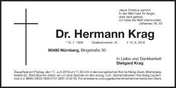 Traueranzeige von Hermann Krag von Gesamtausgabe Nürnberger Nachrichten/ Nürnberger Ztg.