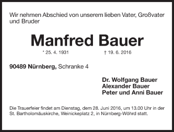 Traueranzeige von Manfred Bauer von Gesamtausgabe Nürnberger Nachrichten/ Nürnberger Ztg.