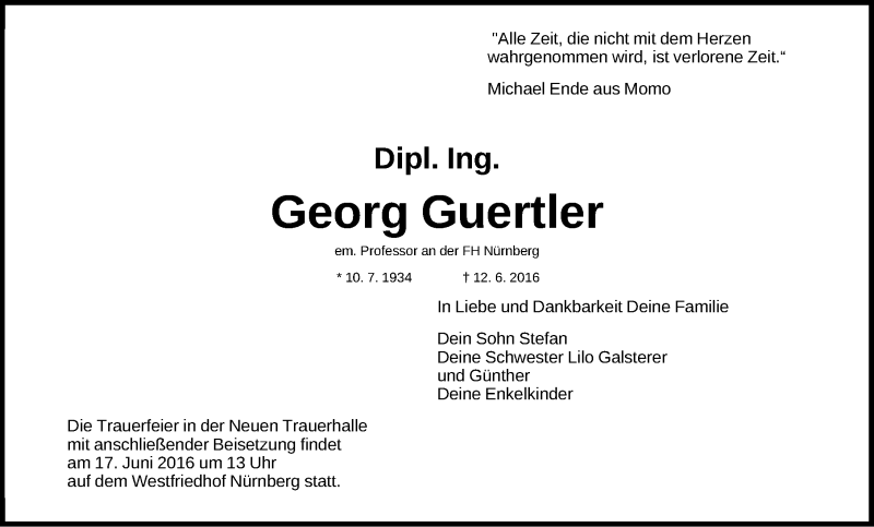  Traueranzeige für Georg Guertler vom 16.06.2016 aus Gesamtausgabe Nürnberger Nachrichten/ Nürnberger Ztg.