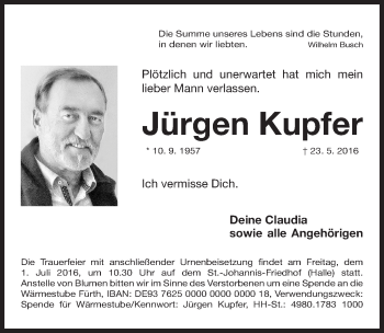 Traueranzeige von Jürgen Kupfer von Gesamtausgabe Nürnberger Nachrichten/ Nürnberger Ztg.