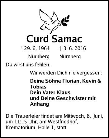 Traueranzeige von Curd Samac von Gesamtausgabe Nürnberger Nachrichten/ Nürnberger Ztg.