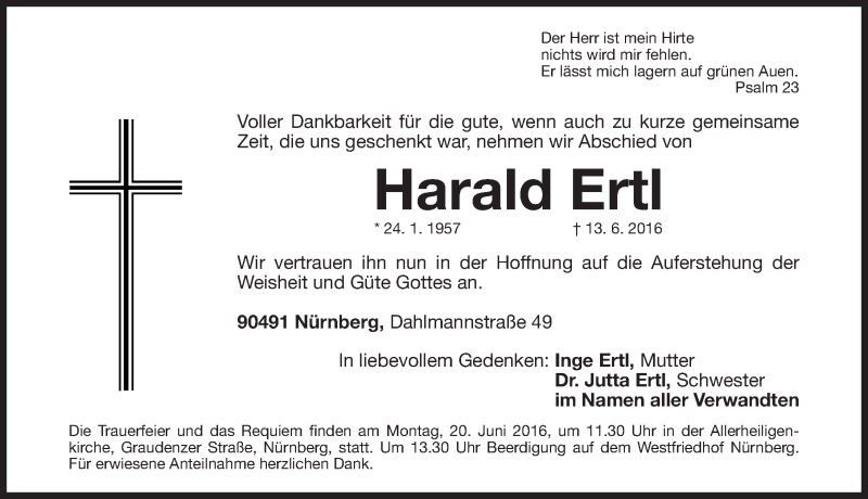  Traueranzeige für Harald Ertl vom 16.06.2016 aus Gesamtausgabe Nürnberger Nachrichten/ Nürnberger Ztg.