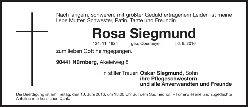  Traueranzeige für Rosa Siegmund vom 08.06.2016 aus Gesamtausgabe Nürnberger Nachrichten/ Nürnberger Ztg.