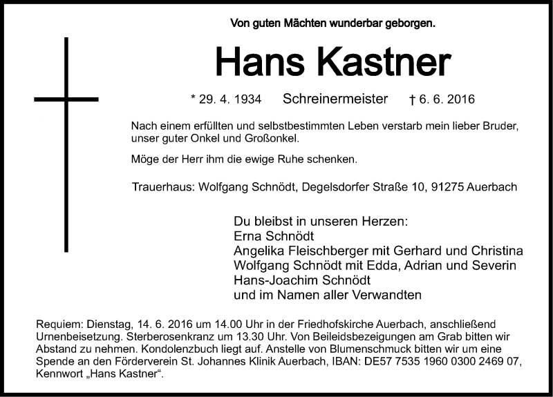  Traueranzeige für Hans Kastner vom 11.06.2016 aus Nordbayerische Nachrichten Pegnitz Lokal