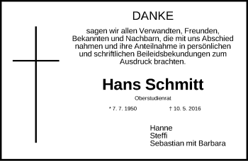 Traueranzeige von Hans Schmitt von Gesamtausgabe Nürnberger Nachrichten/ Nürnberger Ztg.
