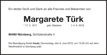 Traueranzeige von Margarete Türk von Gesamtausgabe Nürnberger Nachrichten/ Nürnberger Ztg.