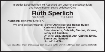 Traueranzeige von Ruth Sperlich von Gesamtausgabe Nürnberger Nachrichten/ Nürnberger Ztg.
