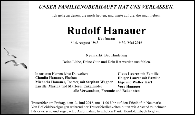  Traueranzeige für Rudolf Hanauer vom 02.06.2016 aus Gesamtausgabe Nürnberger Nachrichten/ Nürnberger Ztg.