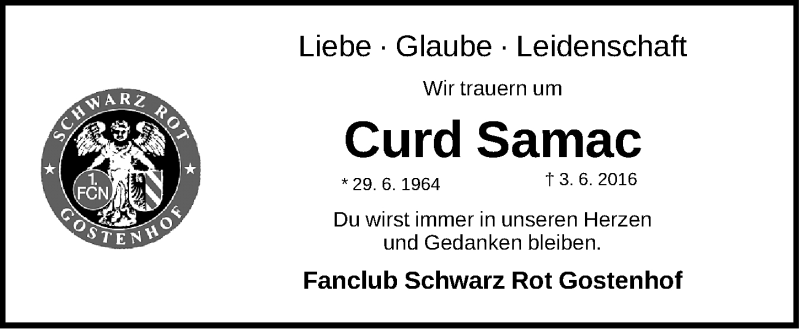  Traueranzeige für Curd Samac vom 07.06.2016 aus Gesamtausgabe Nürnberger Nachrichten/ Nürnberger Ztg.
