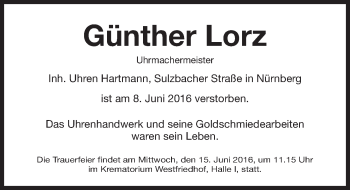 Traueranzeige von Günther Lorz von Gesamtausgabe Nürnberger Nachrichten/ Nürnberger Ztg.