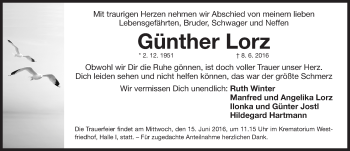 Traueranzeige von Günther Lorz von Gesamtausgabe Nürnberger Nachrichten/ Nürnberger Ztg.