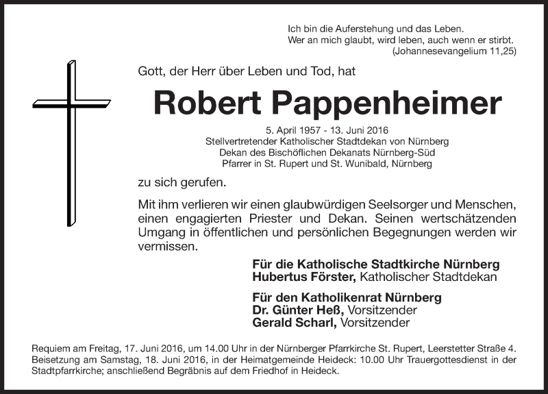  Traueranzeige für Robert Pappenheimer vom 16.06.2016 aus Gesamtausgabe Nürnberger Nachrichten/ Nürnberger Ztg.