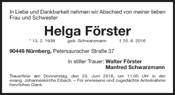 Traueranzeige von Helga Förster von Gesamtausgabe Nürnberger Nachrichten/ Nürnberger Ztg.
