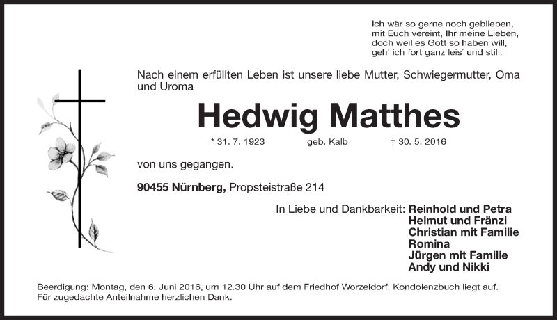  Traueranzeige für Hedwig Matthes vom 03.06.2016 aus Gesamtausgabe Nürnberger Nachrichten/ Nürnberger Ztg.