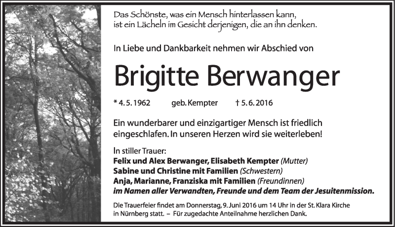  Traueranzeige für Brigitte Berwanger vom 08.06.2016 aus Gesamtausgabe Nürnberger Nachrichten/ Nürnberger Ztg.