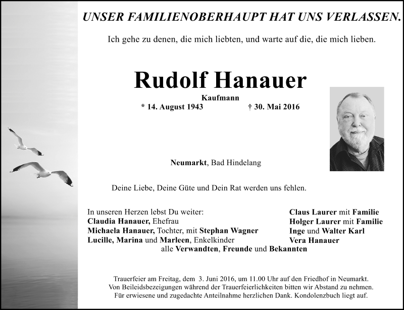  Traueranzeige für Rudolf Hanauer vom 02.06.2016 aus Neumarkter Nachrichten Lokal
