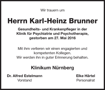 Traueranzeige von Karl-Heinz Brunner von Gesamtausgabe Nürnberger Nachrichten/ Nürnberger Ztg.