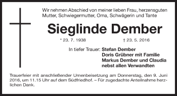 Traueranzeige von Sieglinde Dember von Gesamtausgabe Nürnberger Nachrichten/ Nürnberger Ztg.