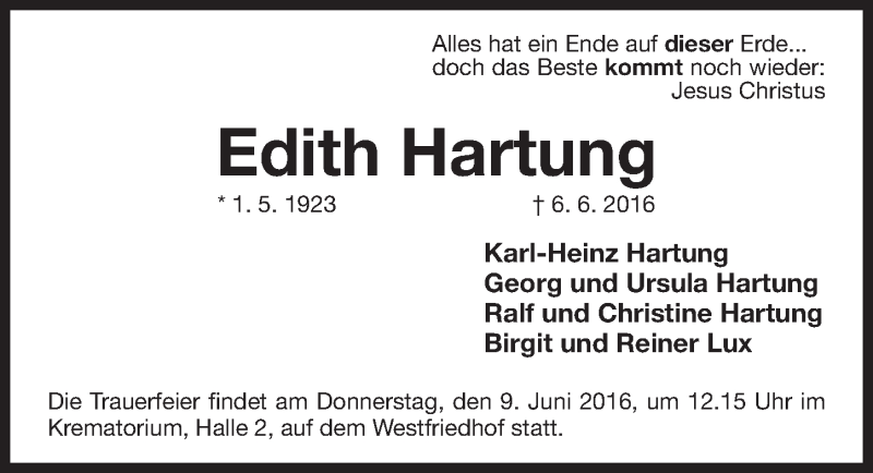  Traueranzeige für Edith Hartung vom 08.06.2016 aus Gesamtausgabe Nürnberger Nachrichten/ Nürnberger Ztg.