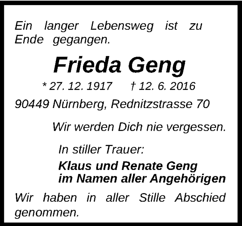 Traueranzeige für Frieda Geng vom 25.06.2016 aus Gesamtausgabe Nürnberger Nachrichten/ Nürnberger Ztg.