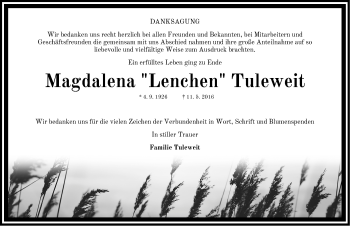 Traueranzeige von Magdalena Tuleweit von Gesamtausgabe Nürnberger Nachrichten/ Nürnberger Ztg.
