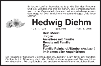 Traueranzeige von Hedwig Diehm von Gesamtausgabe Nürnberger Nachrichten/ Nürnberger Ztg.