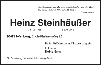 Traueranzeige von Heinz Steinhäußer von Gesamtausgabe Nürnberger Nachrichten/ Nürnberger Ztg.