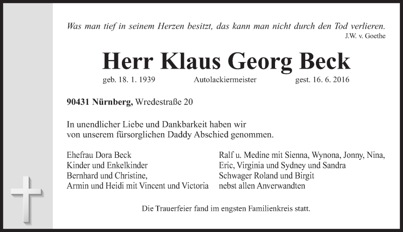  Traueranzeige für Klaus Georg Beck vom 25.06.2016 aus Gesamtausgabe Nürnberger Nachrichten/ Nürnberger Ztg.