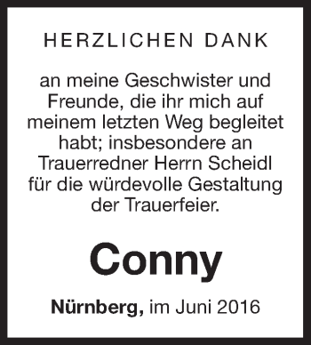 Traueranzeige von Conny  von Gesamtausgabe Nürnberger Nachrichten/ Nürnberger Ztg.