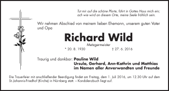 Traueranzeige von Richard Wild von Gesamtausgabe Nürnberger Nachrichten/ Nürnberger Ztg.
