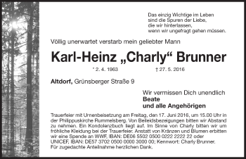 Traueranzeige von Karl-Heinz Brunner von Gesamtausgabe Nürnberger Nachrichten/ Nürnberger Ztg.