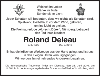 Traueranzeige von Roland Deleau von Gesamtausgabe Nürnberger Nachrichten/ Nürnberger Ztg.