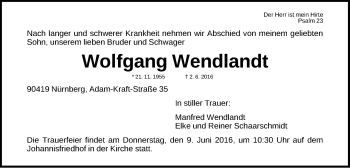 Traueranzeige von Wolfgang Wendlandt von Gesamtausgabe Nürnberger Nachrichten/ Nürnberger Ztg.