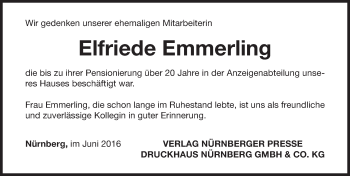 Traueranzeige von Elfriede Emmerling von Gesamtausgabe Nürnberger Nachrichten/ Nürnberger Ztg.