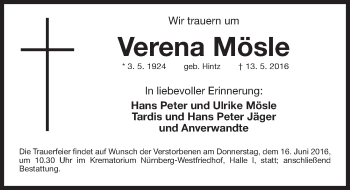 Traueranzeige von Verena Mösle von Gesamtausgabe Nürnberger Nachrichten/ Nürnberger Ztg.
