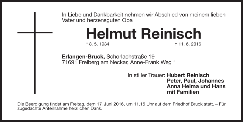  Traueranzeige für Helmut Reinisch vom 15.06.2016 aus Erlanger Nachrichten Lokal