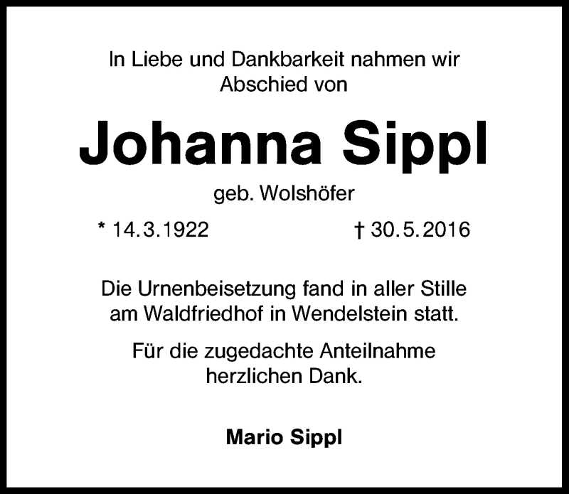  Traueranzeige für Johanna Sippl vom 18.06.2016 aus Schwabach