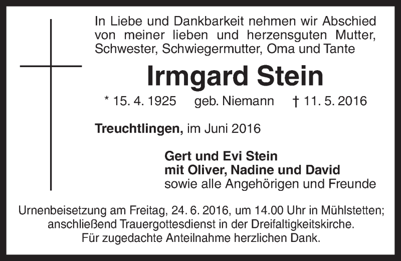  Traueranzeige für Irmgard Stein vom 22.06.2016 aus Roth-Hilpoltsteiner Volkszeitung Lokal