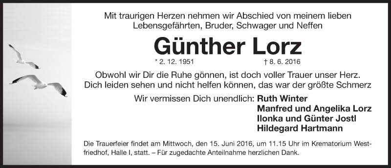  Traueranzeige für Günther Lorz vom 11.06.2016 aus Gesamtausgabe Nürnberger Nachrichten/ Nürnberger Ztg.