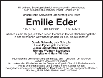 Traueranzeige von Emilie Eder von Gesamtausgabe Nürnberger Nachrichten/ Nürnberger Ztg.