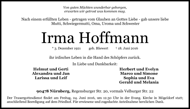 Traueranzeige für Irma Hoffmann vom 22.06.2016 aus Gesamtausgabe Nürnberger Nachrichten/ Nürnberger Ztg.