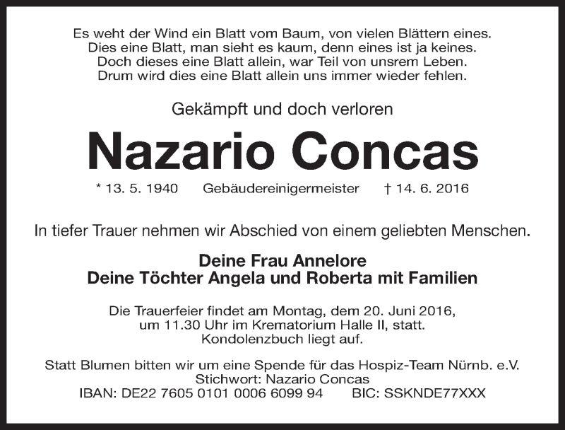  Traueranzeige für Nazario Concas vom 18.06.2016 aus Gesamtausgabe Nürnberger Nachrichten/ Nürnberger Ztg.